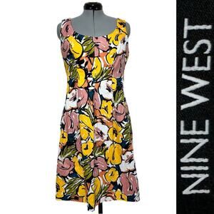 Nine West Colorful Floral Tea Length Midi Dress Size 14 Slit Pockets Retro Vibe